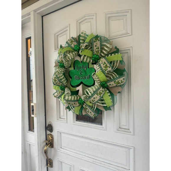 Lucky & Blessed Shamrock Saint Patrick’s Day Mesh Ribbon Wreath Door Hanger - Picture 7 of 8
